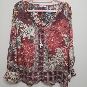 Johnny Was 100% Silk Floral Bohemian Women's Top Size Small Earth Tones
